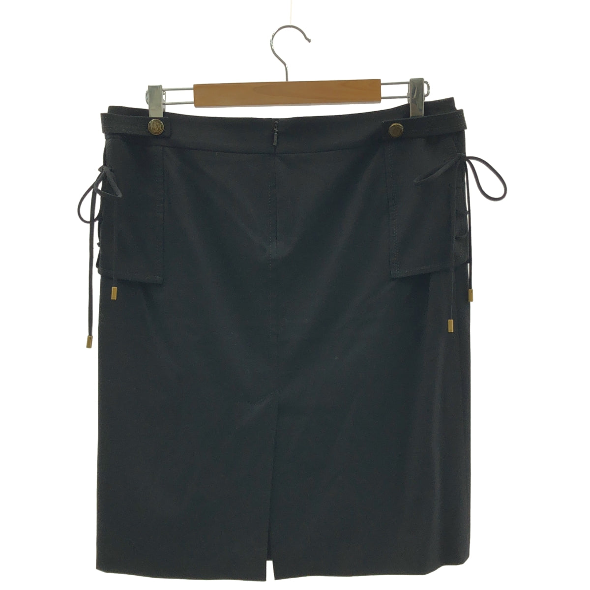 GUCCI | 羊毛標誌扣繫帶後拉鍊開衩裙 / 全襯裡 | 尺寸 46 | 黑色 | 女款