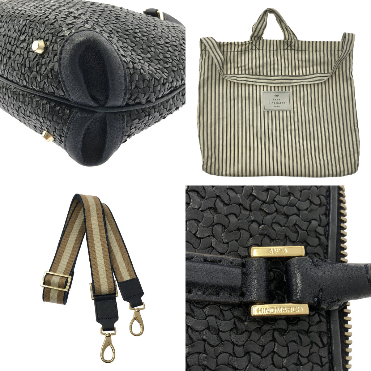 【미품】 ANYA HINDMARCH / 아니야하인드마치 | 2way 숄더 첨부 가죽 뜨개질 프린지 매력 핸드 토트 백 | 다크 네이비 |