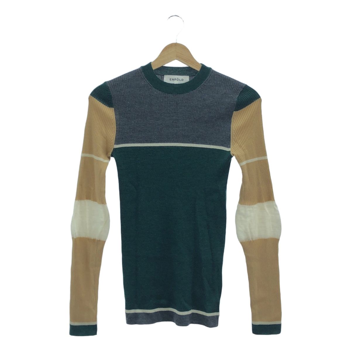 ENFOLD / 엠 폴드 | 모직 색 구성표 리브 니트 | 38 | 그린 × 베이지 | 여성