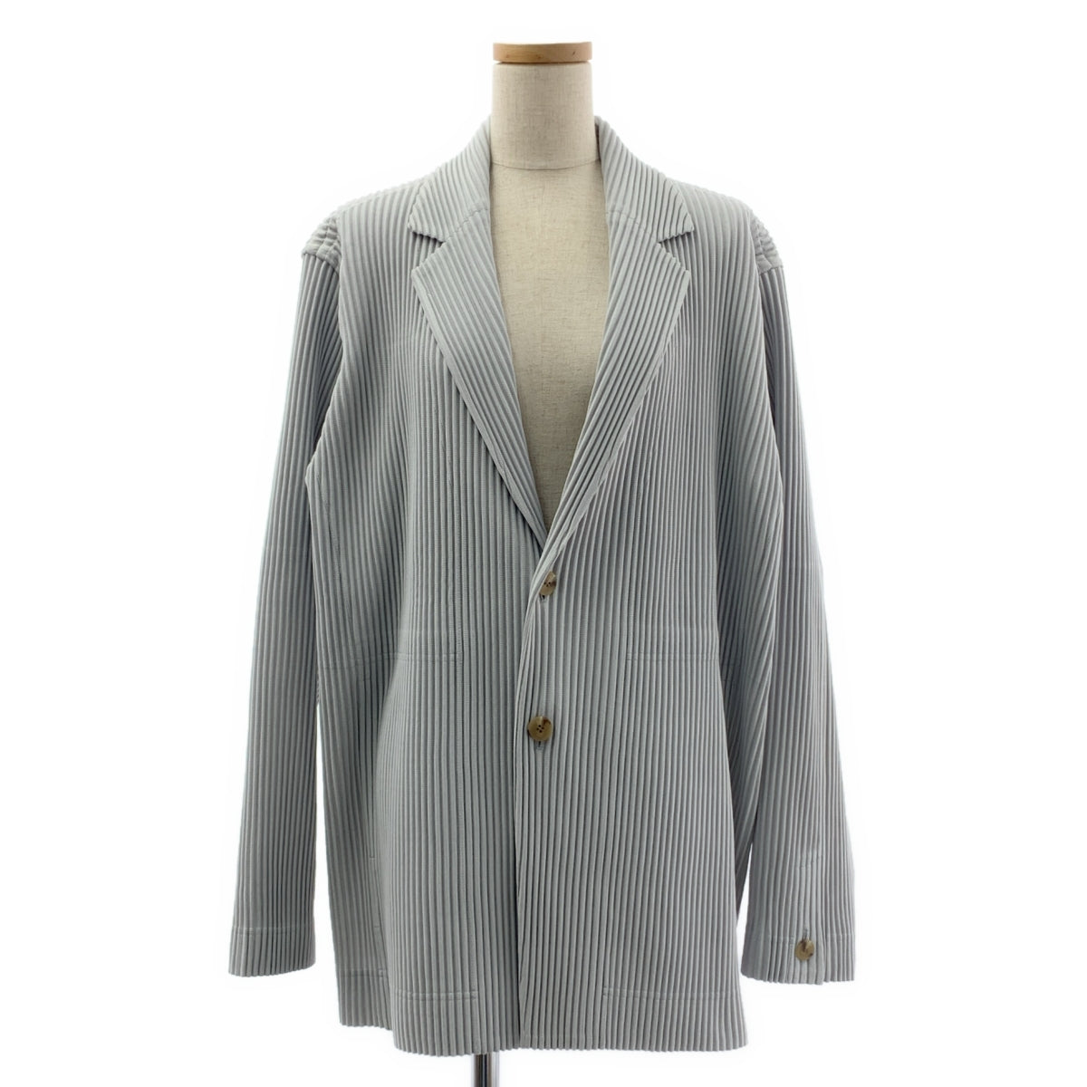 [狀況極佳] HOMME PLISSE ISSEY MIYAKE | BASICS | 褶飾單排扣大衣 | 3碼 | 淺灰色 | 男款