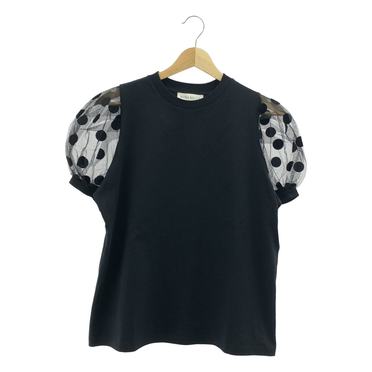 【미품】 NINA RICCI / 니나리치 | POLKA DOT PS TEE 메쉬 퍼프 슬리브 컷소우 | S | 블랙 | 여성