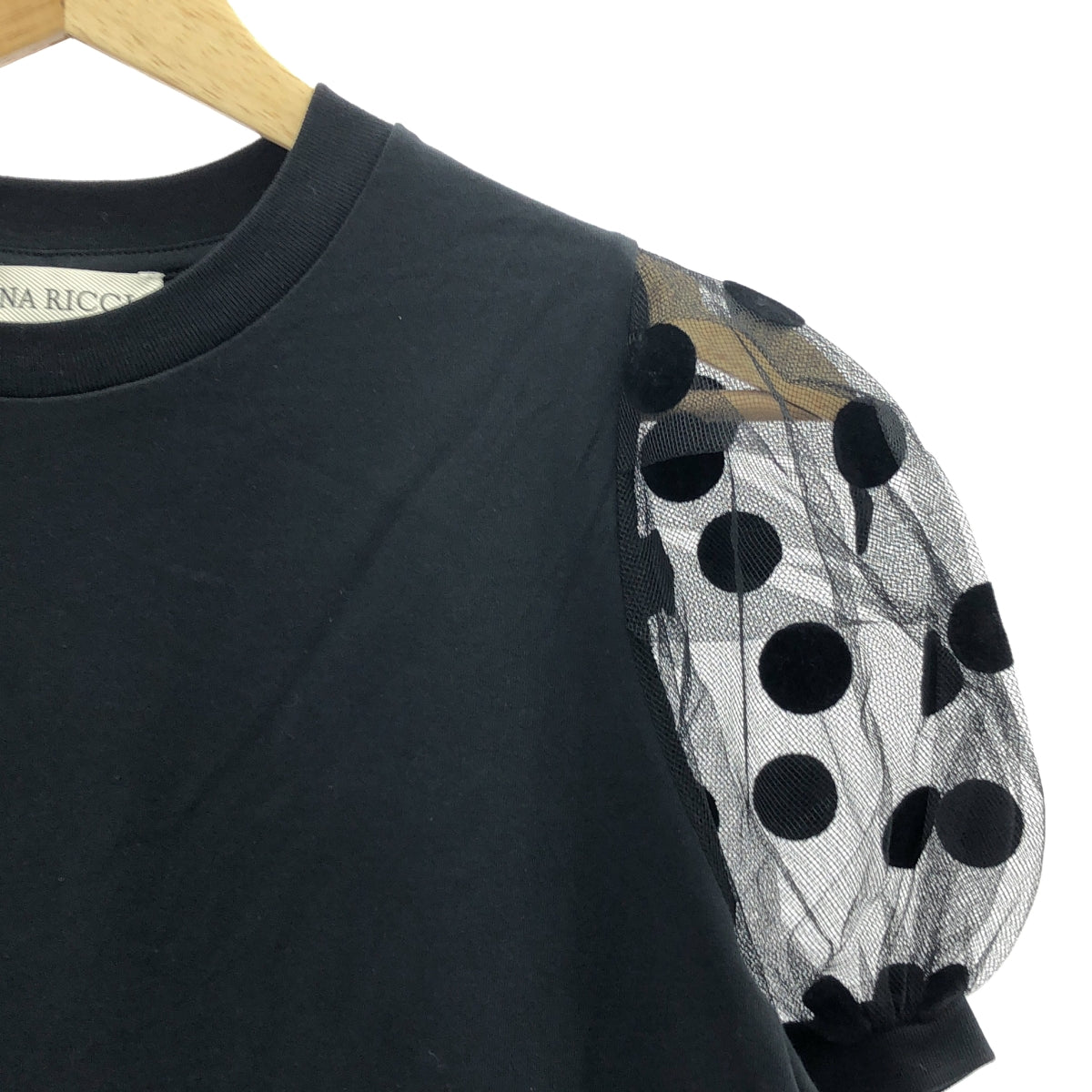 【미품】 NINA RICCI / 니나리치 | POLKA DOT PS TEE 메쉬 퍼프 슬리브 컷소우 | S | 블랙 | 여성