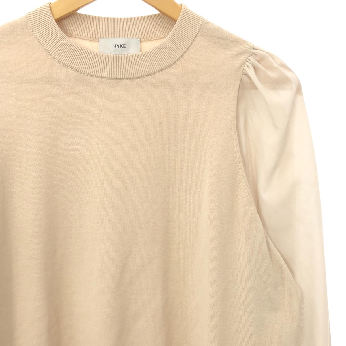 HYKE | 2023SS | CREW NECK SWEATER WITH SHEER SLEEVES Sheer Sleeve Cotton Crew Neck Knit | 1 | Beige | Women's