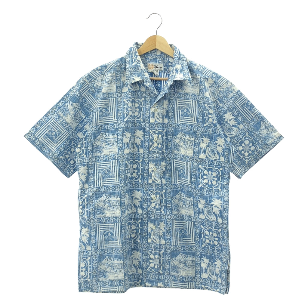 Reyn Spooner | 80 年代復古全印花夏威夷襯衫，配乳貼和金色標籤 | M 碼 | 藍色/白色 | 男款