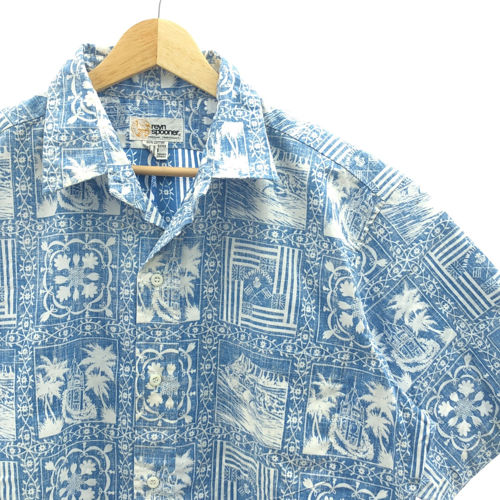Reyn Spooner | 80 年代復古全印花夏威夷襯衫，配乳貼和金色標籤 | M 碼 | 藍色/白色 | 男款