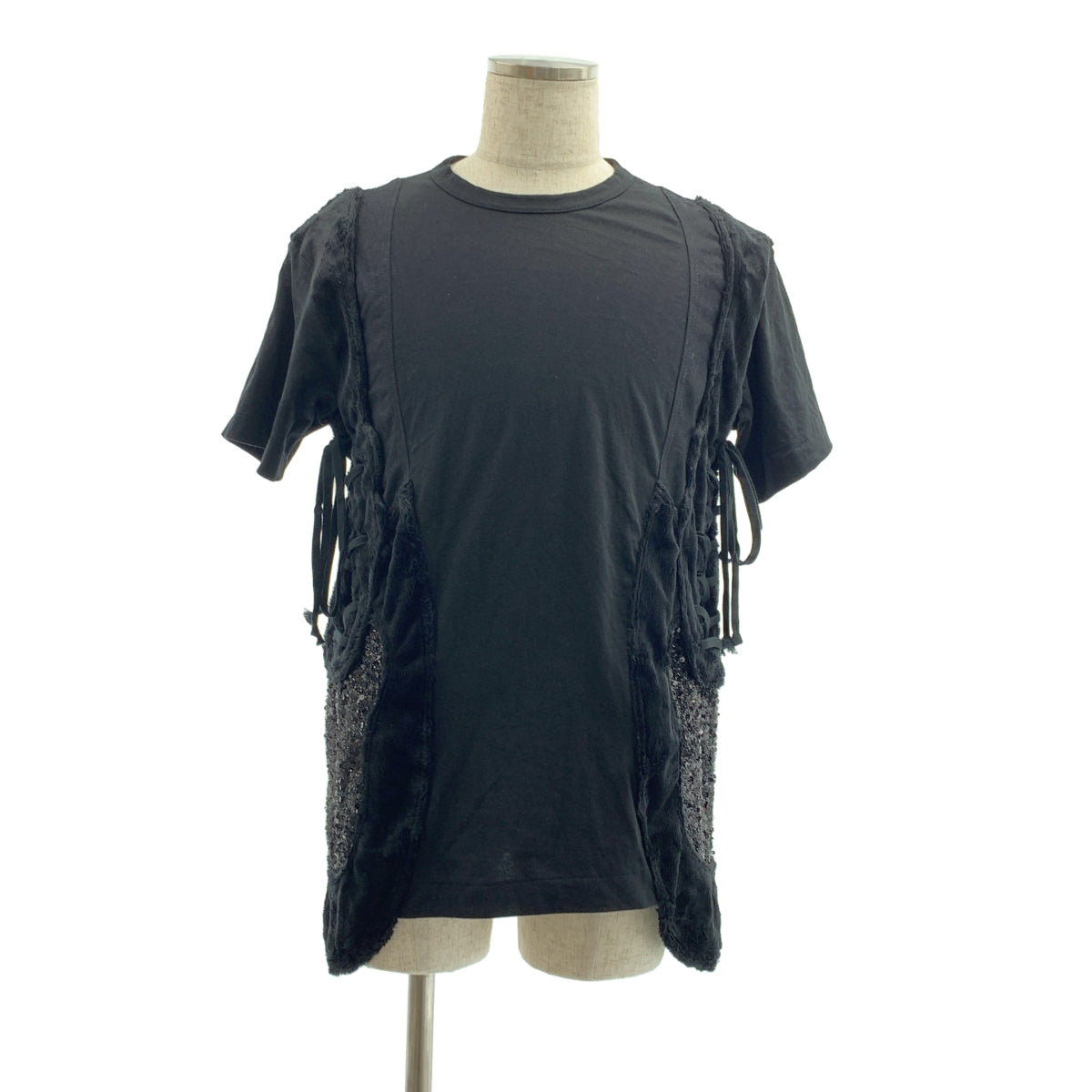 COMME des GARCONS HOMME PLUS / コムデギャルソンオムプリュス | 2018SS | スパンコール 装飾 ファー切替 レースアップ カットソー Tシャツ | L | メンズ