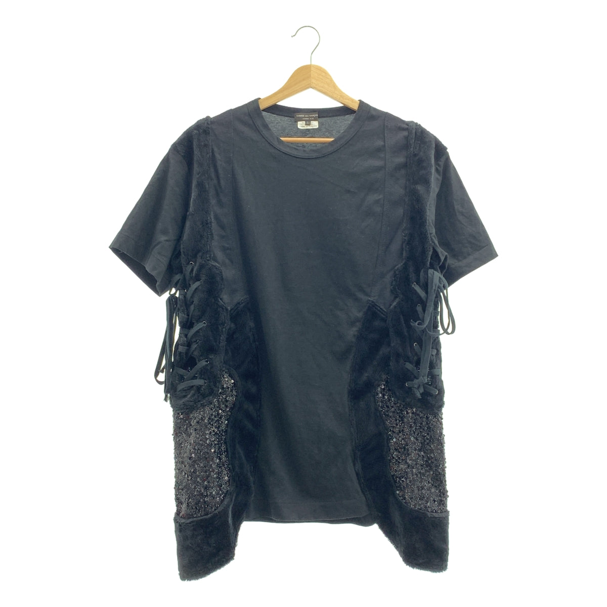 COMME des GARCONS HOMME PLUS / コムデギャルソンオムプリュス | 2018SS | スパンコール 装飾 ファー切替 レースアップ カットソー Tシャツ | L | メンズ