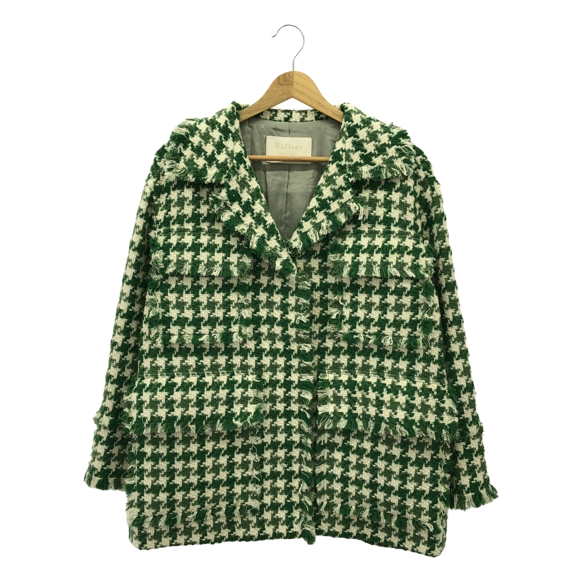 Tomorrowland BALLSEY | 2022AW | Houndstooth Tweed Fringe Jacket / Fully Lined | Size 36 | Green/White | Women's