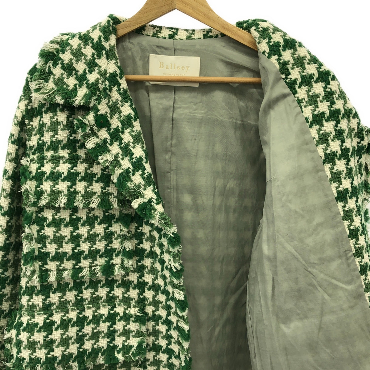 Tomorrowland BALLSEY | 2022AW | Houndstooth Tweed Fringe Jacket / Fully Lined | Size 36 | Green/White | Women's