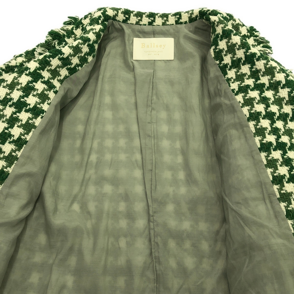 Tomorrowland BALLSEY | 2022AW | Houndstooth Tweed Fringe Jacket / Fully Lined | Size 36 | Green/White | Women's