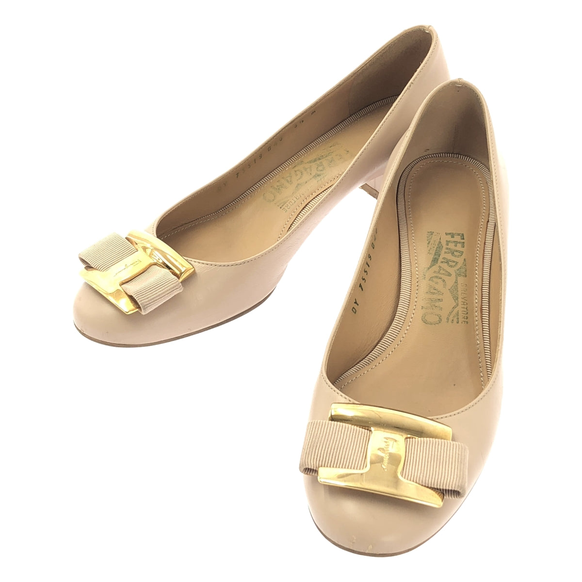 Salvatore Ferragamo | 緞帶飾板皮革高跟鞋 | 尺寸 5.5 | 米色/金色 | 女款