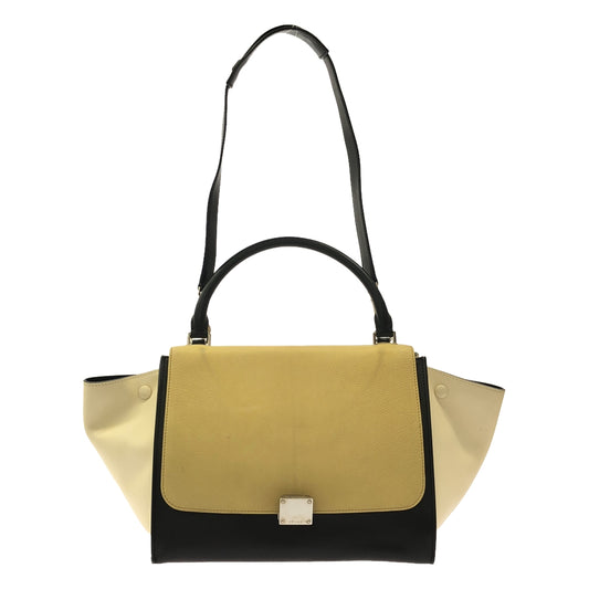 CELINE | Phoebe 2-way leather trapeze hand tote bag with shoulder strap | Yellow/Black/Off-White | Women's