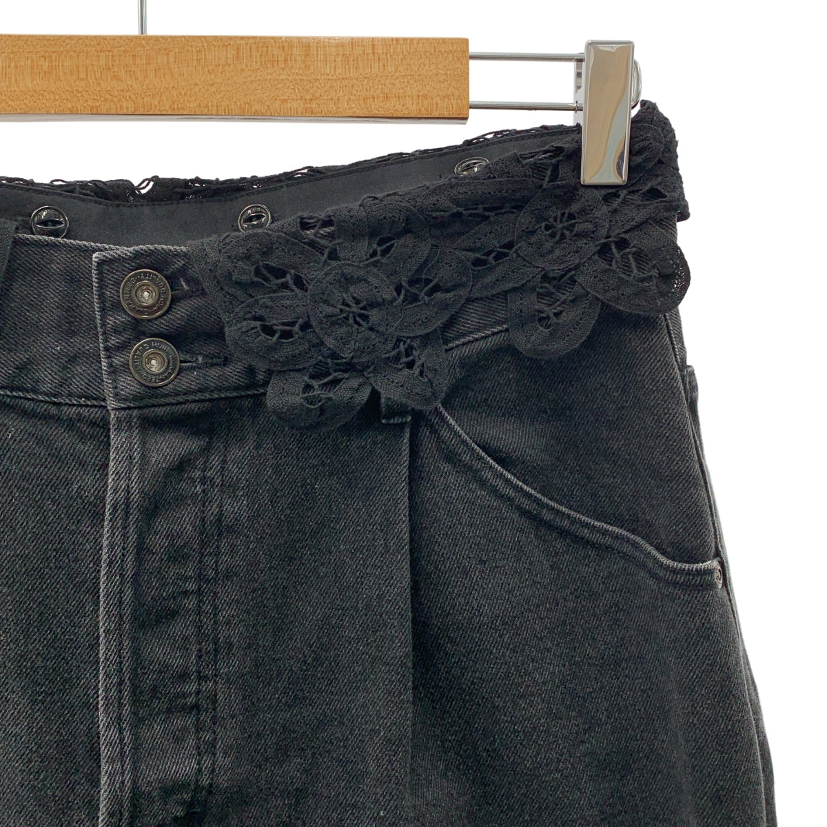 MUVEIL / 뮤베일 | × Dickies / 디키즈 레이스 장식 블랙 데님 와이드 팬츠 | 40 |