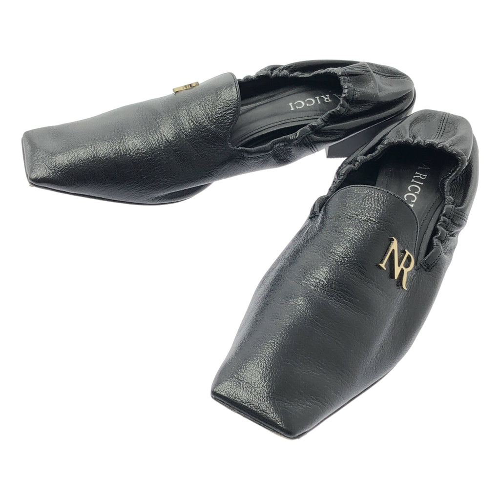 【美品】  NINA RICCI / ニナリッチ | レザー ロゴ スクエアトゥ フラット バレエシューズ | 37 1/2 | ブラック | レディース