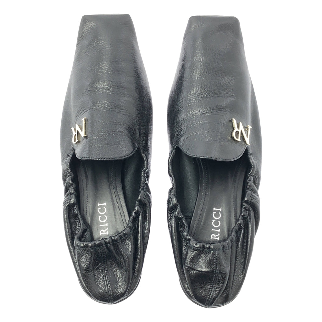 【美品】  NINA RICCI / ニナリッチ | レザー ロゴ スクエアトゥ フラット バレエシューズ | 37 1/2 | ブラック | レディース