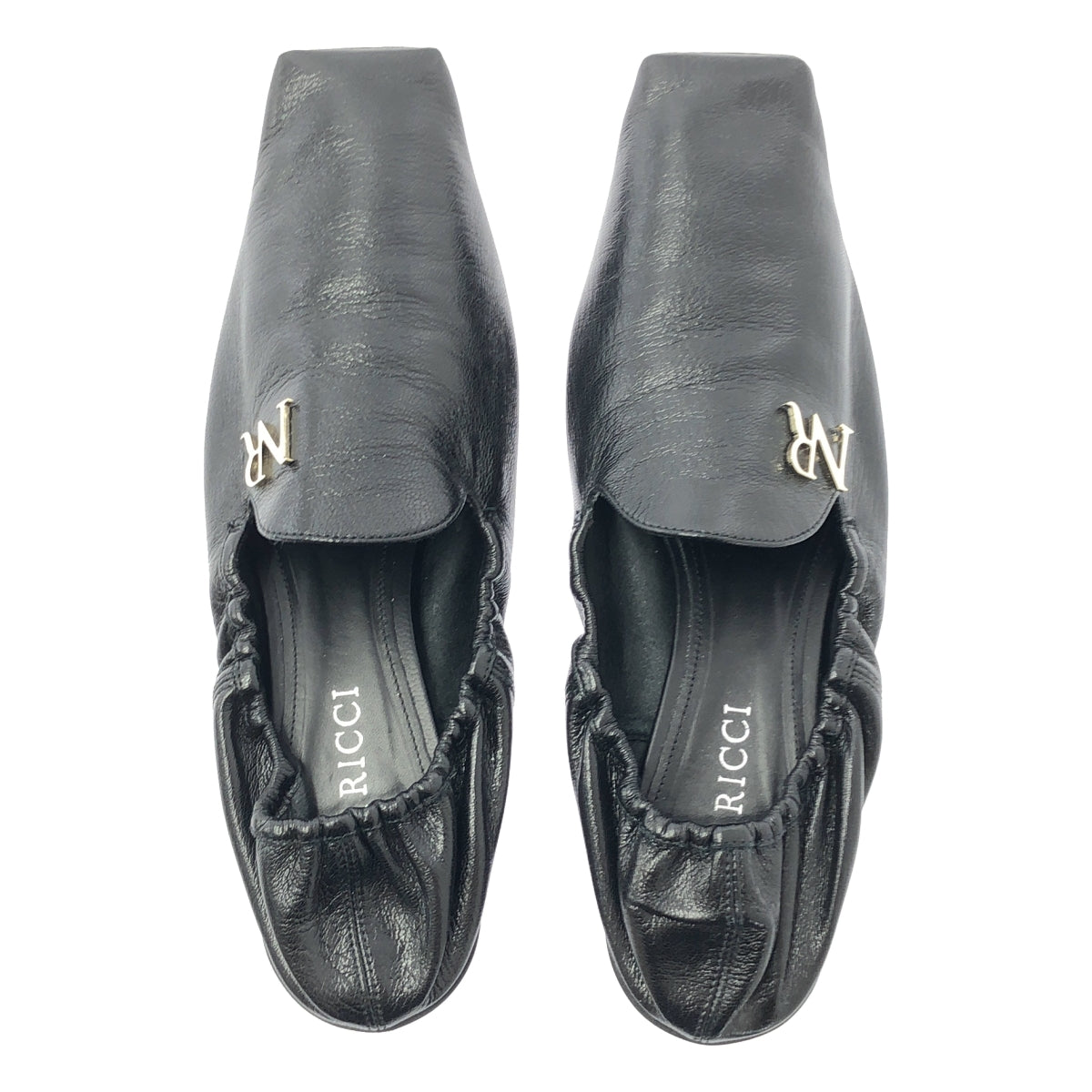 【美品】  NINA RICCI / ニナリッチ | レザー ロゴ スクエアトゥ フラット バレエシューズ | 37 1/2 | ブラック | レディース