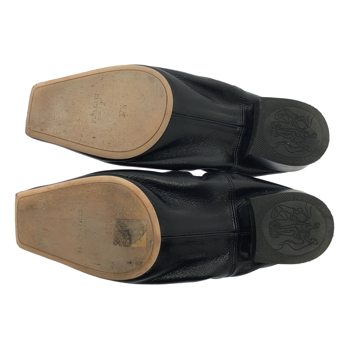 【美品】  NINA RICCI / ニナリッチ | レザー ロゴ スクエアトゥ フラット バレエシューズ | 37 1/2 | ブラック | レディース