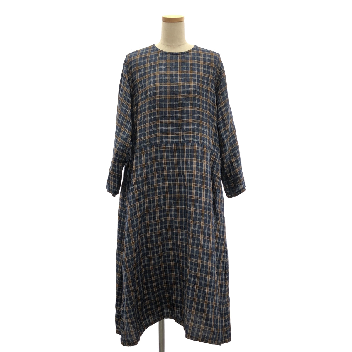 Vlas Blomme | 亞麻格紋後背扣連身裙 | F 碼 | 海軍藍/棕色/白色 | 女款