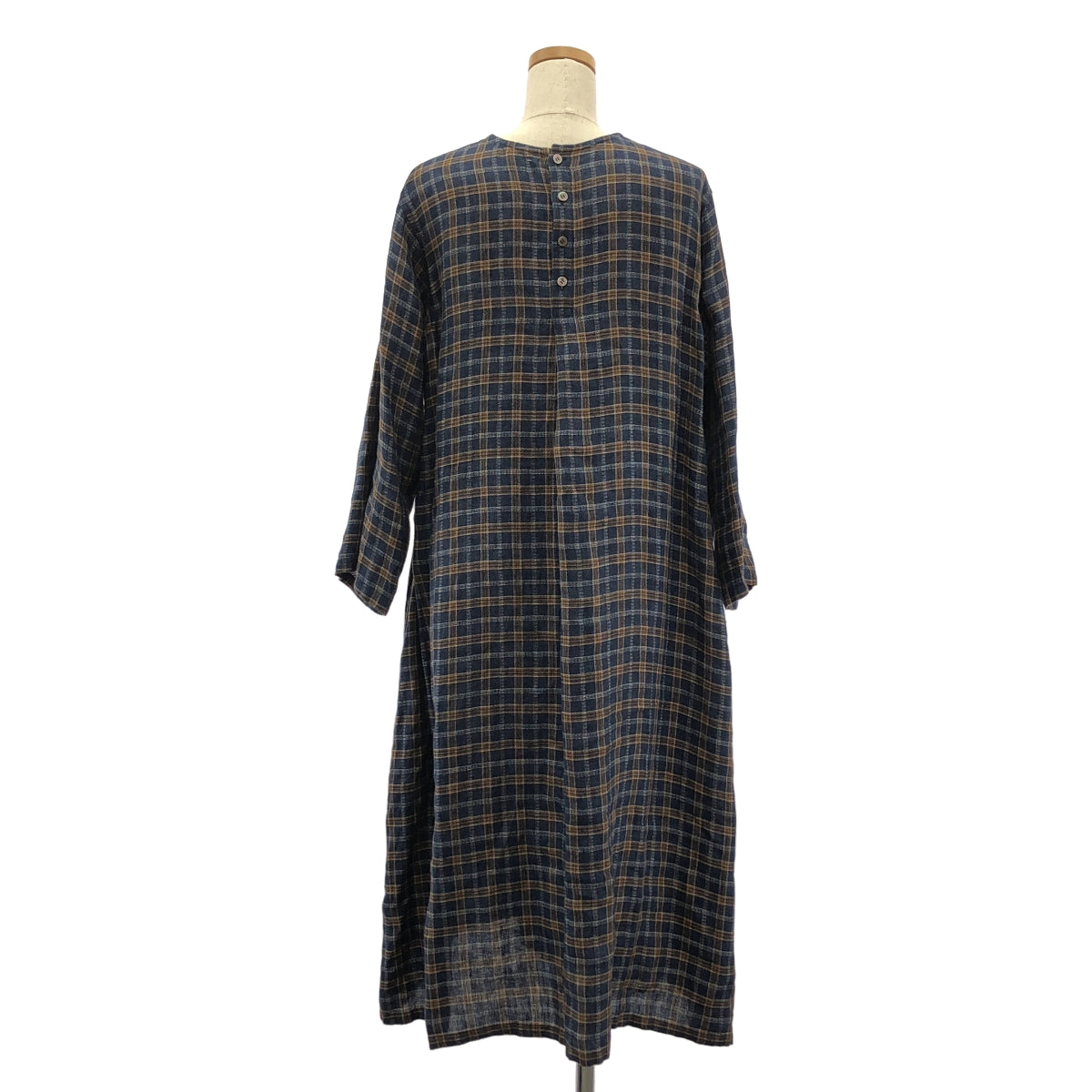 Vlas Blomme | 亞麻格紋後背扣連身裙 | F 碼 | 海軍藍/棕色/白色 | 女款