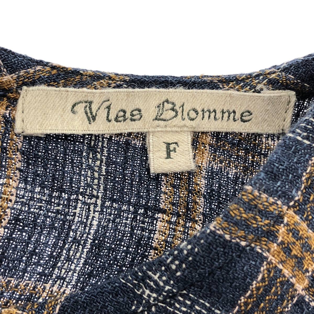 Vlas Blomme | 亞麻格紋後背扣連身裙 | F 碼 | 海軍藍/棕色/白色 | 女款