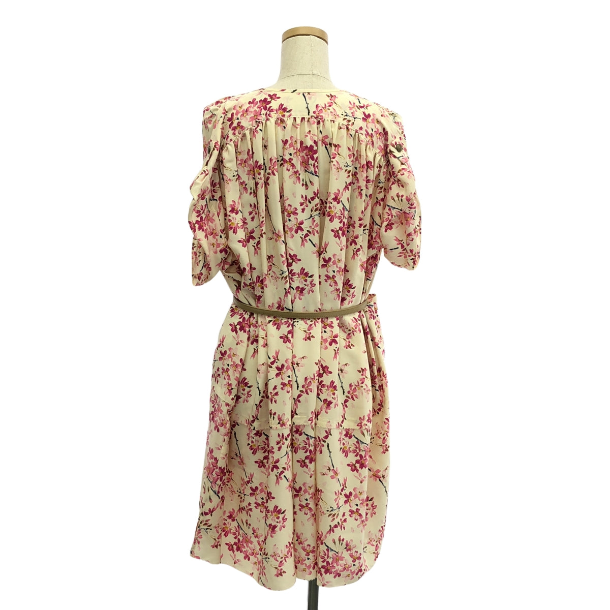 [狀況良好] 巴黎世家 | 100% 絲綢 / 絲質全身印花褶皺腰帶連身裙 | 36 |米色/粉紅色|女性的