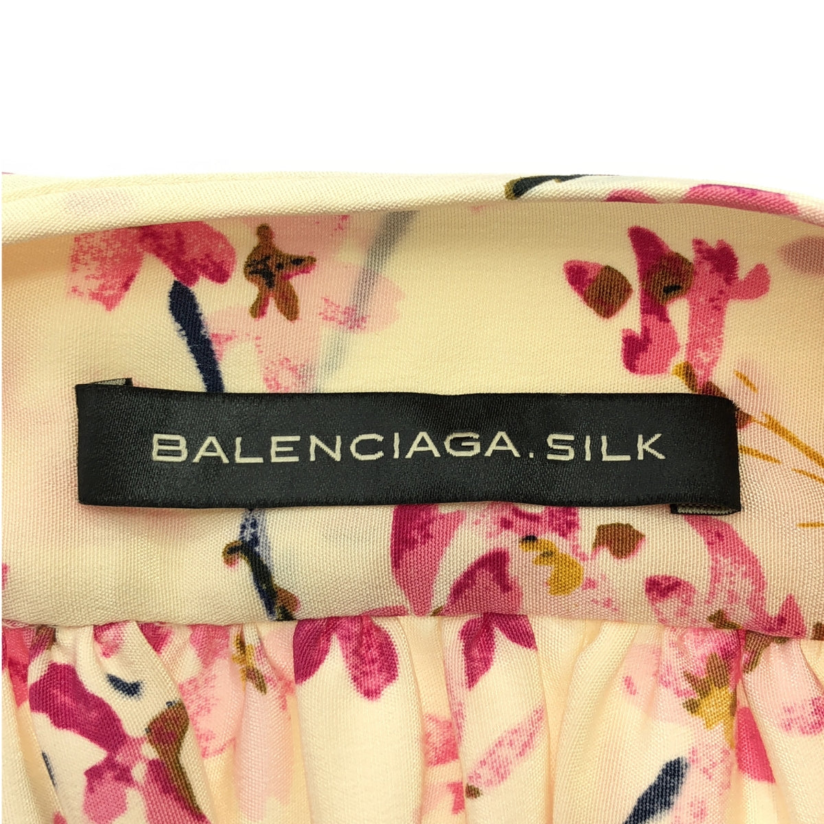 【美品】  BALENCIAGA / バレンシアガ | silk 100％ / シルク 総柄 ギャザー ベルテッド ドレス ワンピース | 36 | ベージュ/ピンク | レディース