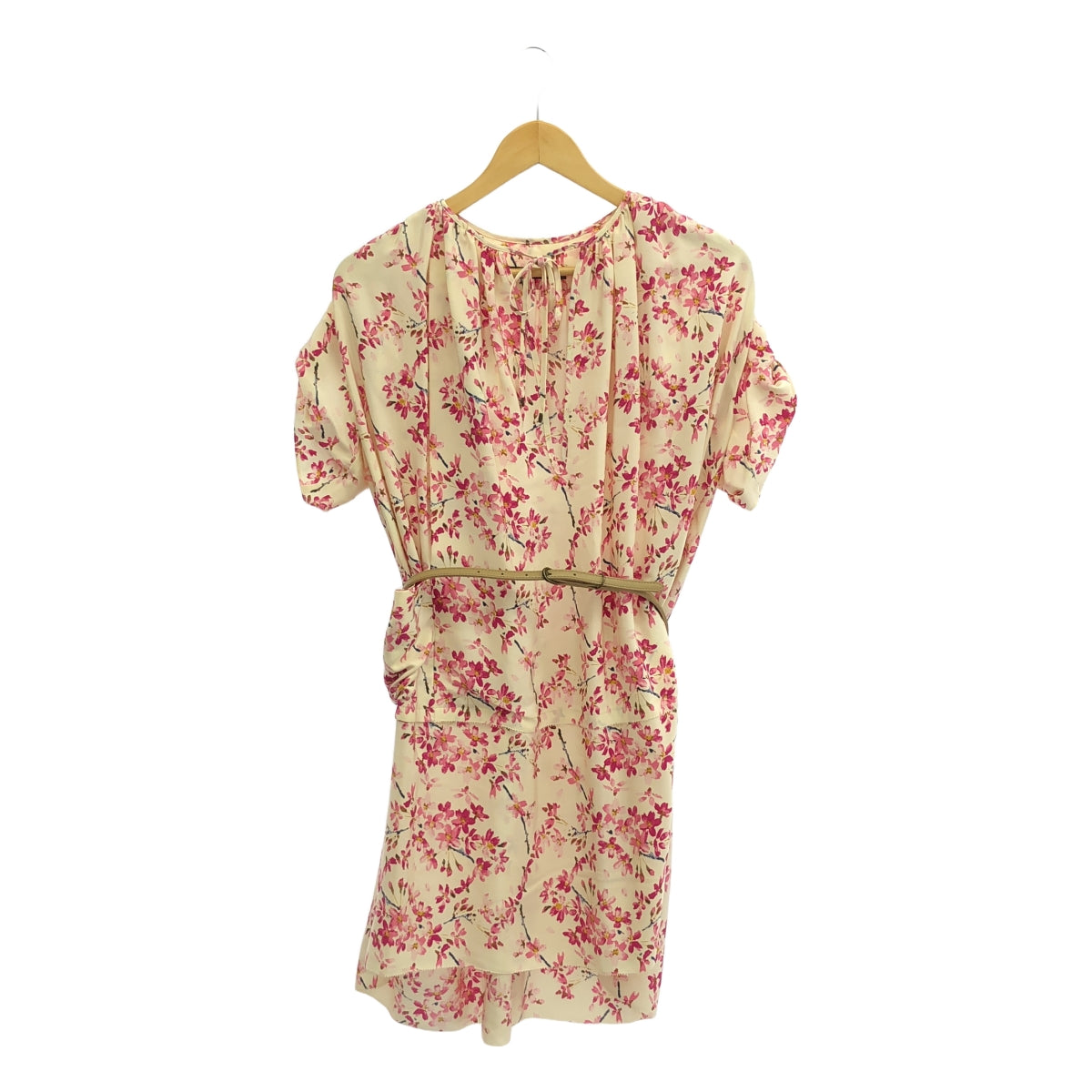 [狀況良好] 巴黎世家 | 100% 絲綢 / 絲質全身印花褶皺腰帶連身裙 | 36 |米色/粉紅色|女性的