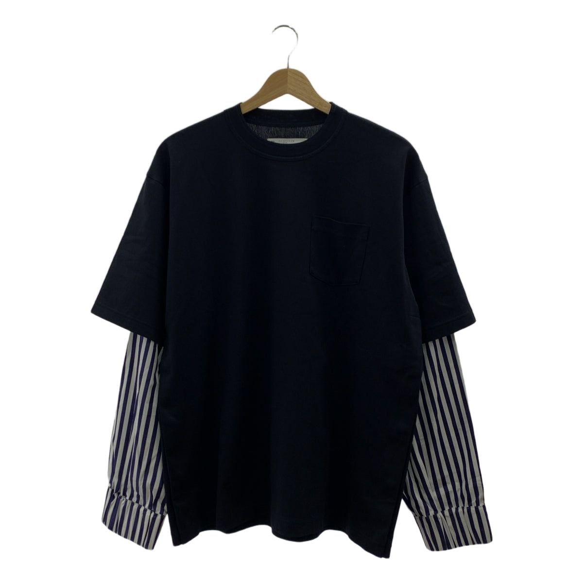 【미품】 sacai / 사카이 | 2024AW | Cotton Poplin Cotton Jersey T-Shirt 스트라이프 레이어드 사이드 스냅 버튼 T 셔츠 | 1 | 네이비 / 화이트 | 남성