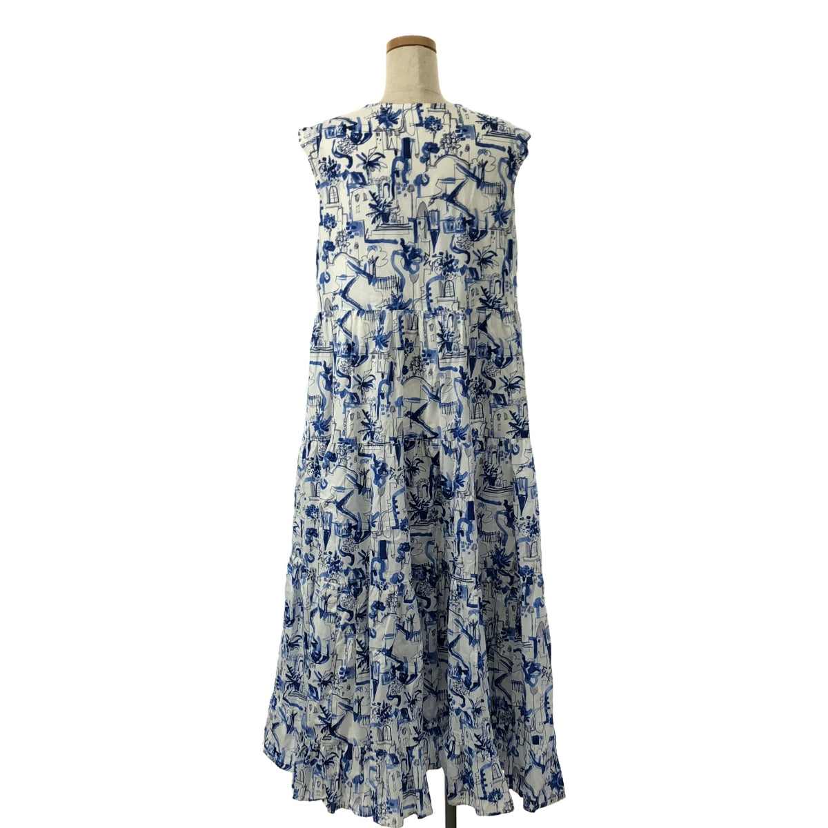 OBLI | City Print All-Over Tiered Sleeveless Dress | 0 | White/Blue | Women's