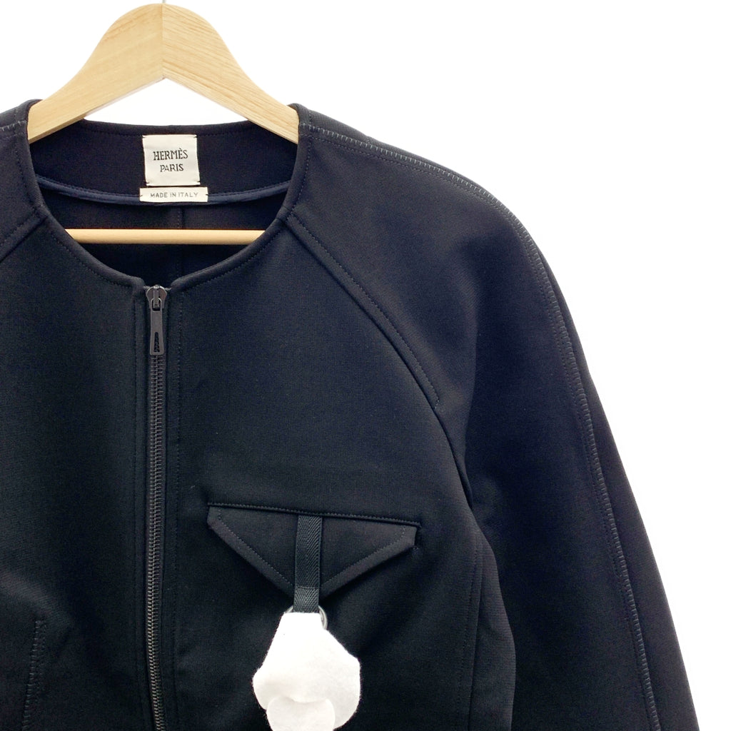 【新品】  HERMES / エルメス | レーヨンストレッチ ノーカラー ジップアップジャケット | 40 | ブラック | レディース