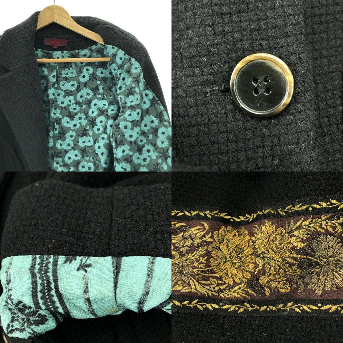 KENZO / ケンゾー | ウール エンブロイダリー ベルテッド シングル オーバーコート / 柄総裏地 | 40 | ブラック | レディース