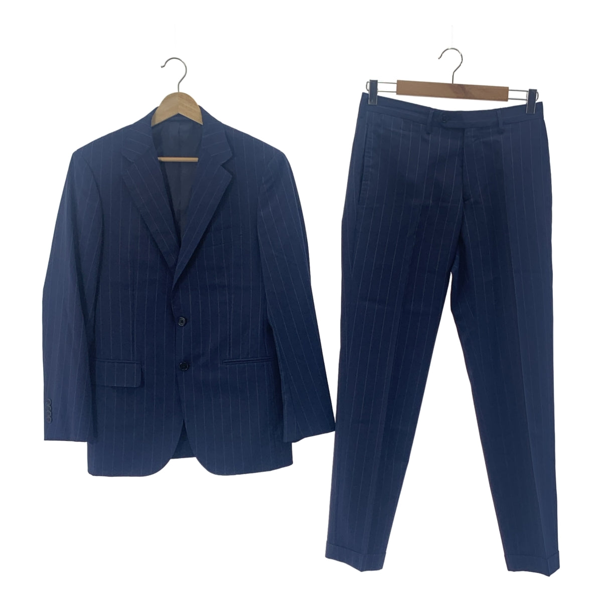 UNITED ARROWS | 生活中的一天 / 條紋馬海毛混紡羊毛西裝套裝 / 3B 訂製夾克 / 休閒褲和長褲 | 尺寸 44 | 海軍藍 | 男款