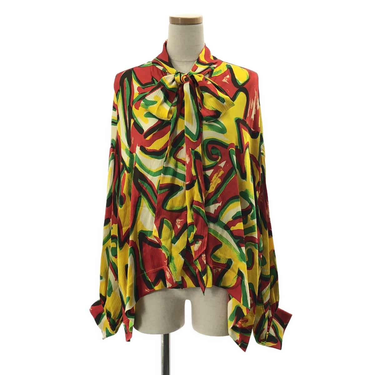 【美品】  BALENCIAGA / バレンシアガ | silk 100％ / シルク 総柄 タイ オーバー シャツ ブラウス | 36 | マルチカラー | レディース