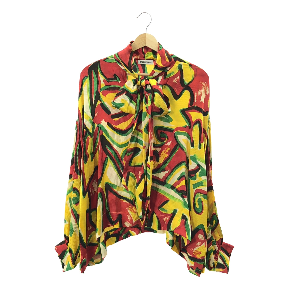 【美品】  BALENCIAGA / バレンシアガ | silk 100％ / シルク 総柄 タイ オーバー シャツ ブラウス | 36 | マルチカラー | レディース