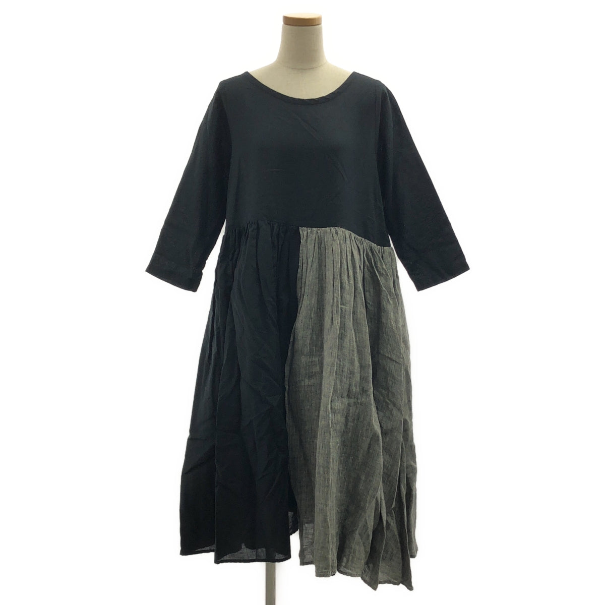 【미품】 Gauze # / 가제 | 코튼 린넨 바이 컬러 집게 볼륨 드레스 원피스 | F | 블랙 / 그레이 |