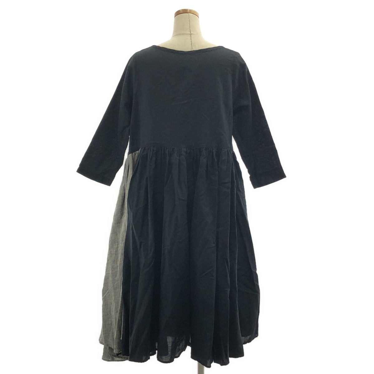 【미품】 Gauze # / 가제 | 코튼 린넨 바이 컬러 집게 볼륨 드레스 원피스 | F | 블랙 / 그레이 |