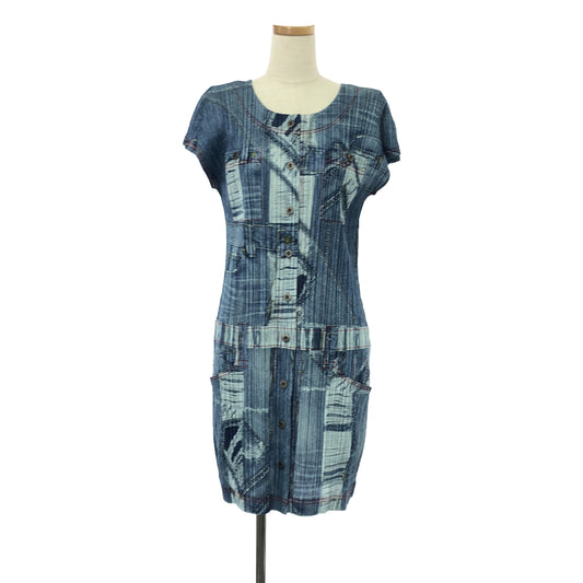 [Good Condition] PLEATS PLEASE ISSEY MIYAKE | Denim Transfer Button Logo Dress | 4 | Indigo | Women's