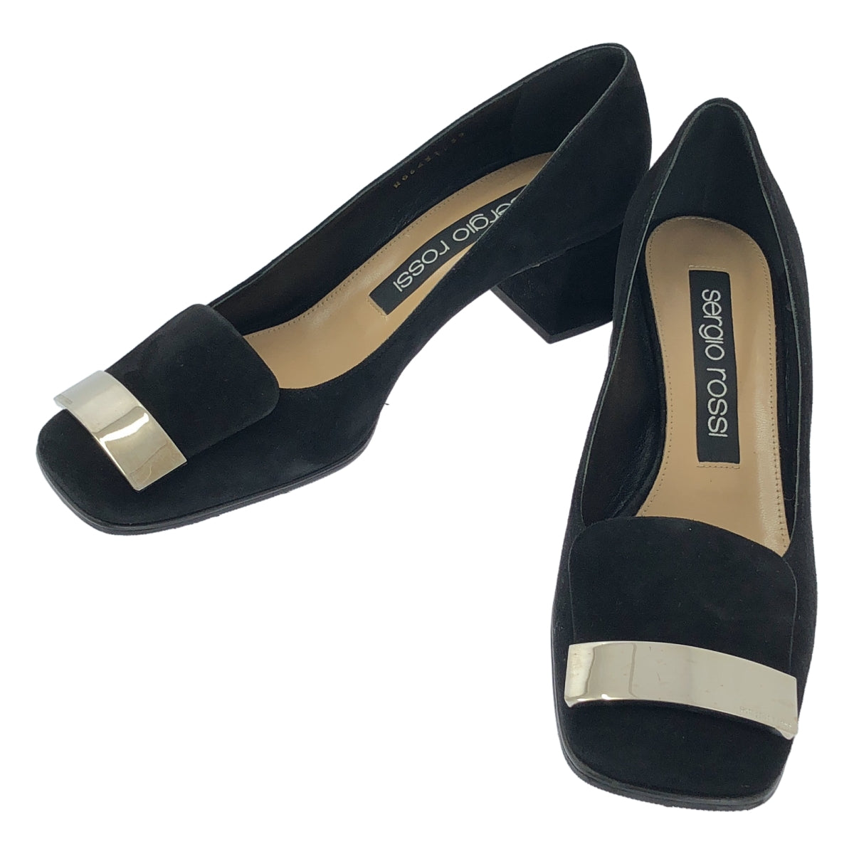 [狀況極佳] Sergio Rossi SR1 低跟絨面革高跟鞋 | 39 碼 | 黑色/銀色 | 女款