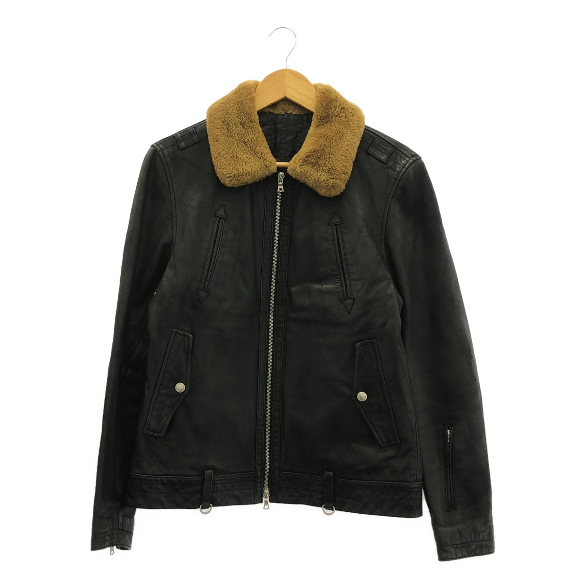 SOPHNET. / ソフネット | 襟ムートン 中綿入り レザー シングルライダースジャケット | S | ブラック | メンズ
