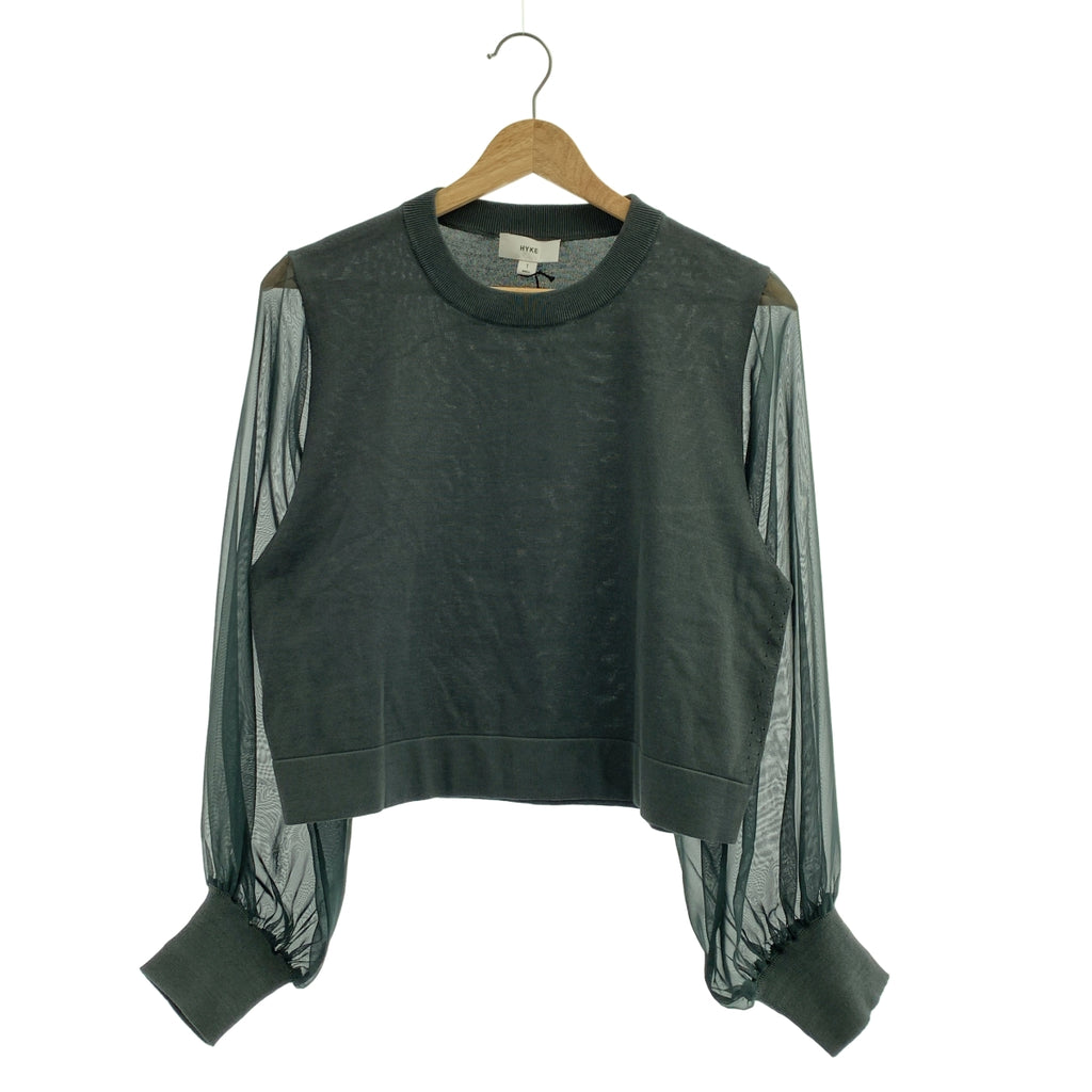 HYKE / 하이크 | 2025SS | CREW NECK CROPPED SWEATER WITH SHEER SLEEVE / 시어 슬리브 스웨트 블라우스 | 01 |