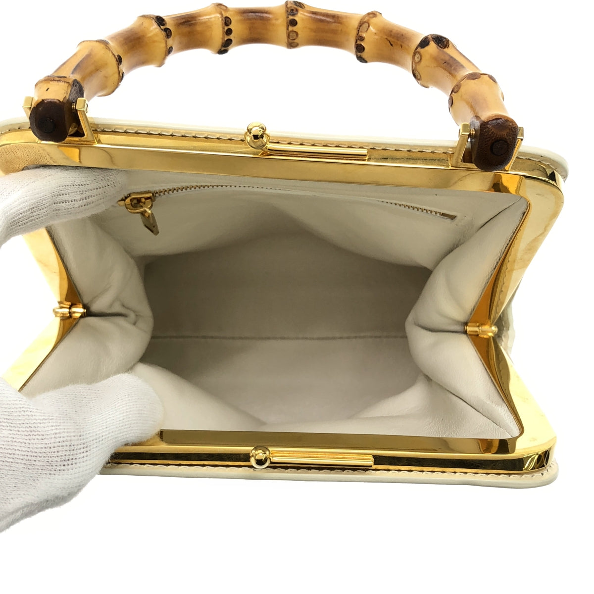 【미품】 JIL SANDER / 질 썬더 | Goji Bamboo Square / 가죽 로고 가마구치 대나무 핸들 가방 | 베이지 | 여성