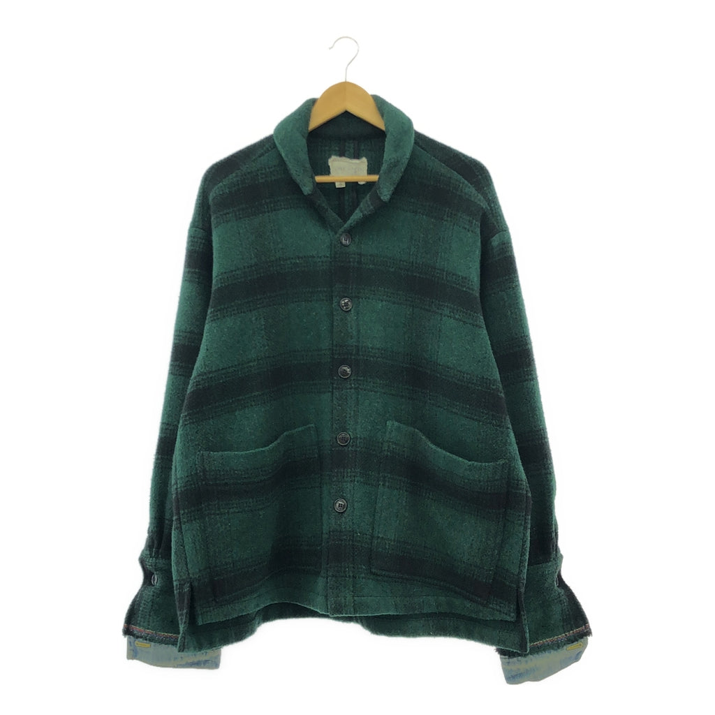 GREG LAUREN / グレッグローレン | GREEN PLAID SHAWL COLLAR BOXY / ウール デニム切替 オーバージャケット | 3 | グリーン/ブラック | メンズ
