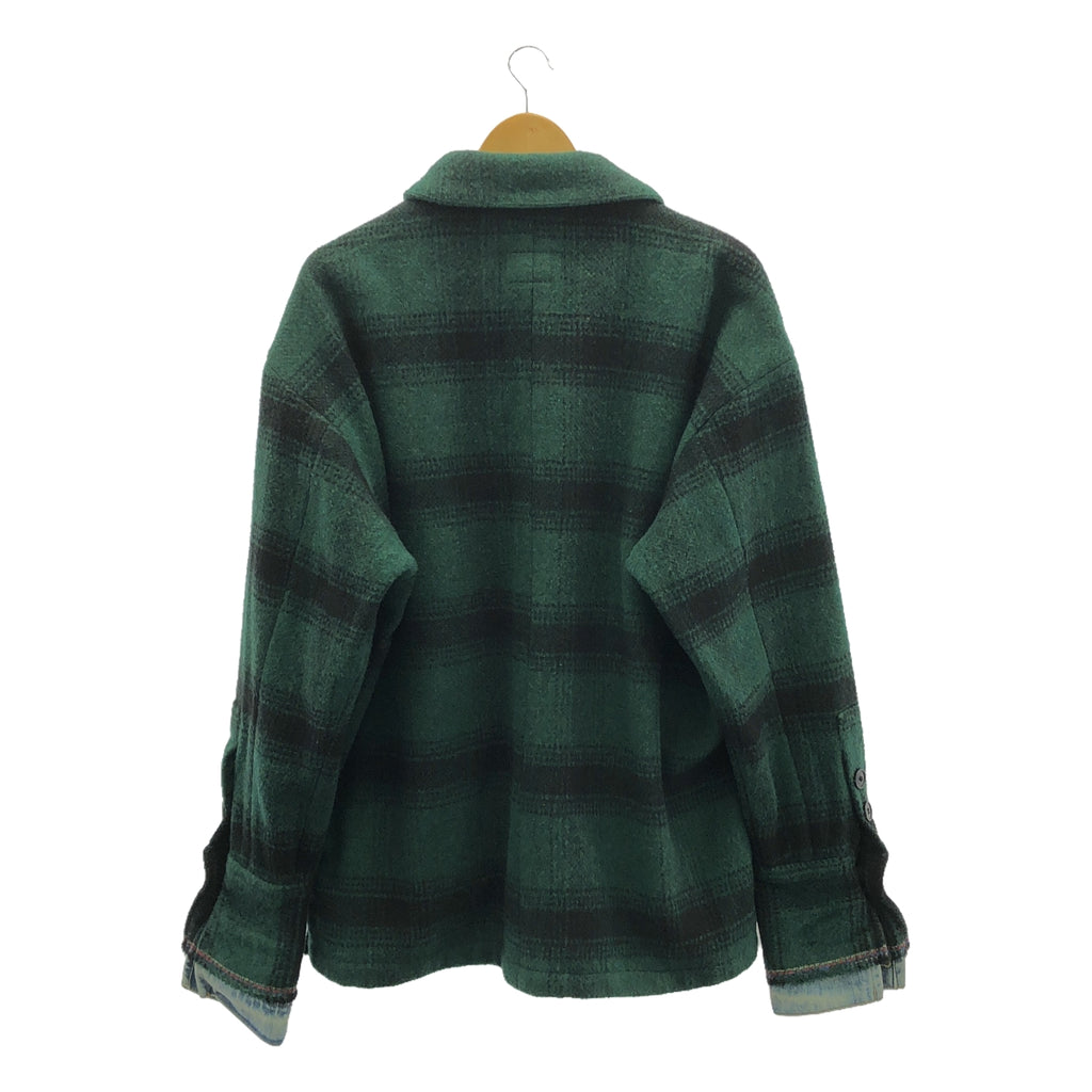 GREG LAUREN / グレッグローレン | GREEN PLAID SHAWL COLLAR BOXY / ウール デニム切替 オーバージャケット | 3 | グリーン/ブラック | メンズ