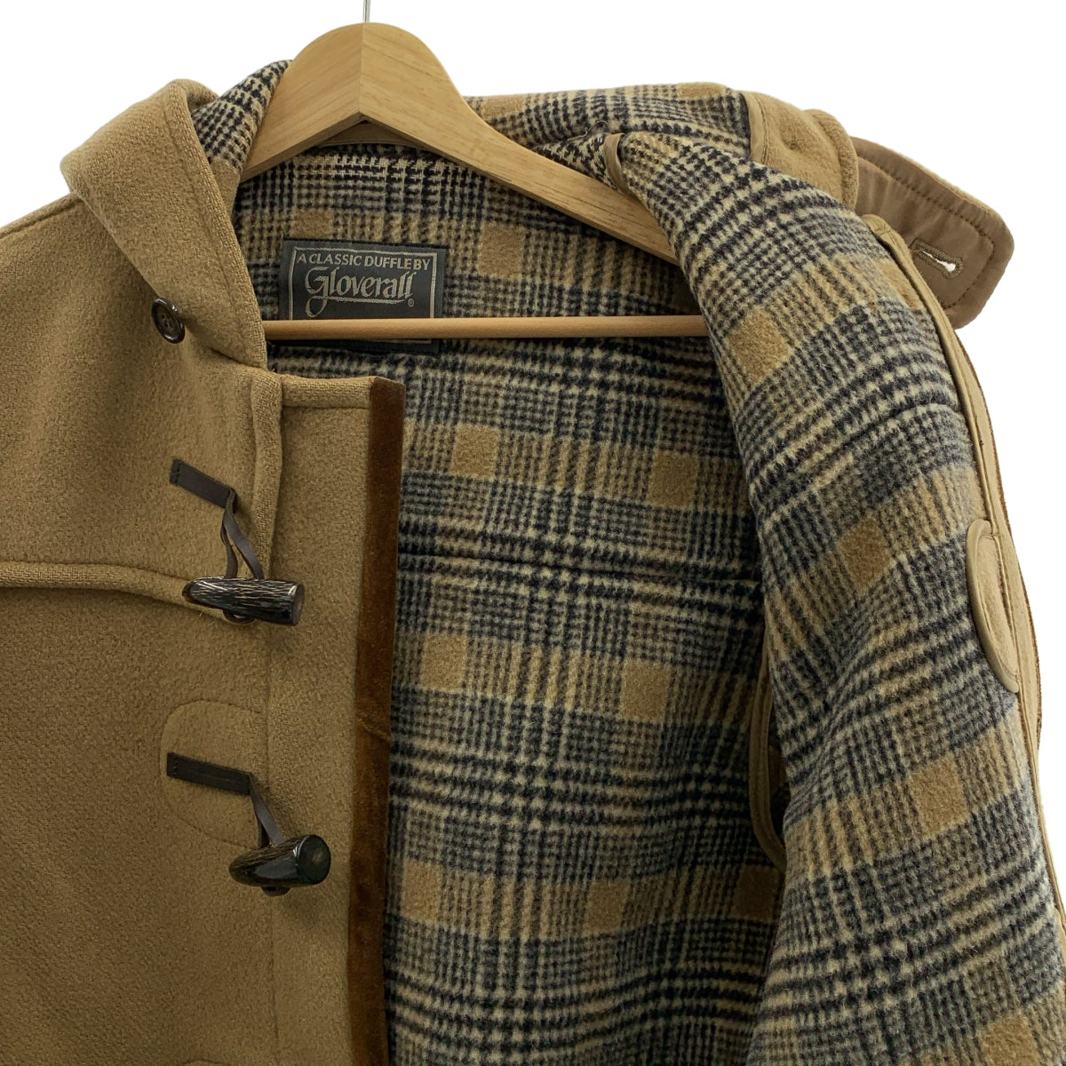 グローバーオール ダッフルコート 英国製 キャメル 裏地チェック柄 2L〜3L 近年タグ グローバーオール ダッフルコート チェック柄 キャメル S