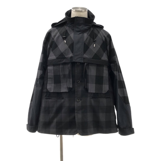 [Good Condition] sacai | 2022SS | Buffalo Check Blouson / Buffalo Check Jacket Hoodie with Different Material Switching | Size 3 | Black | Men's