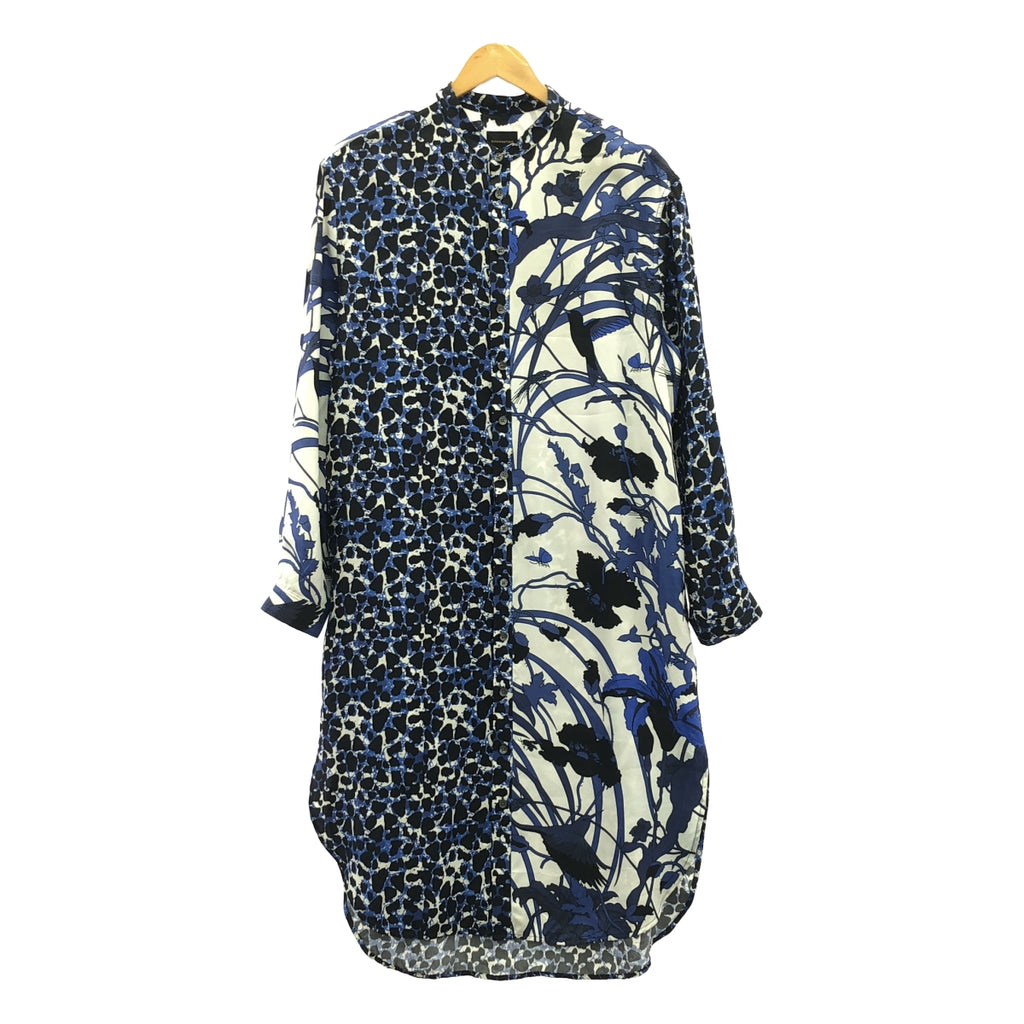 【美品】  BANANATIME / バナナタイム | silk 100％ / シルク 総柄 バンドカラー ドレス ワンピース | XS | ホワイト/ブルー | レディース