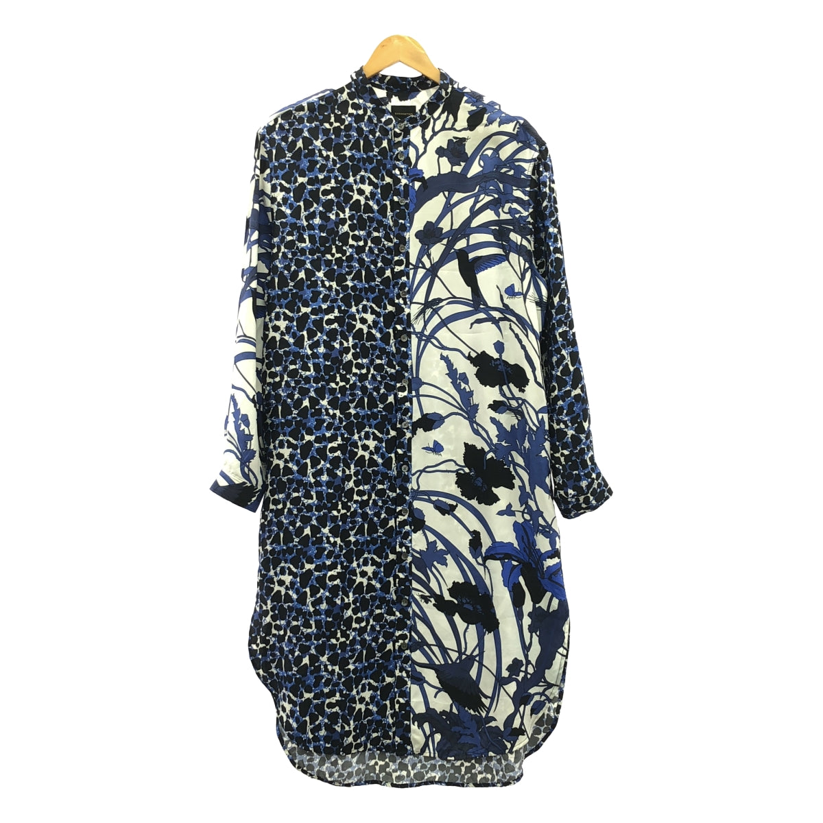 [狀況良好] BANANATIME | 100% 絲綢 / 絲質全印花立領連身裙 | XS | 白色/藍色 | 女款