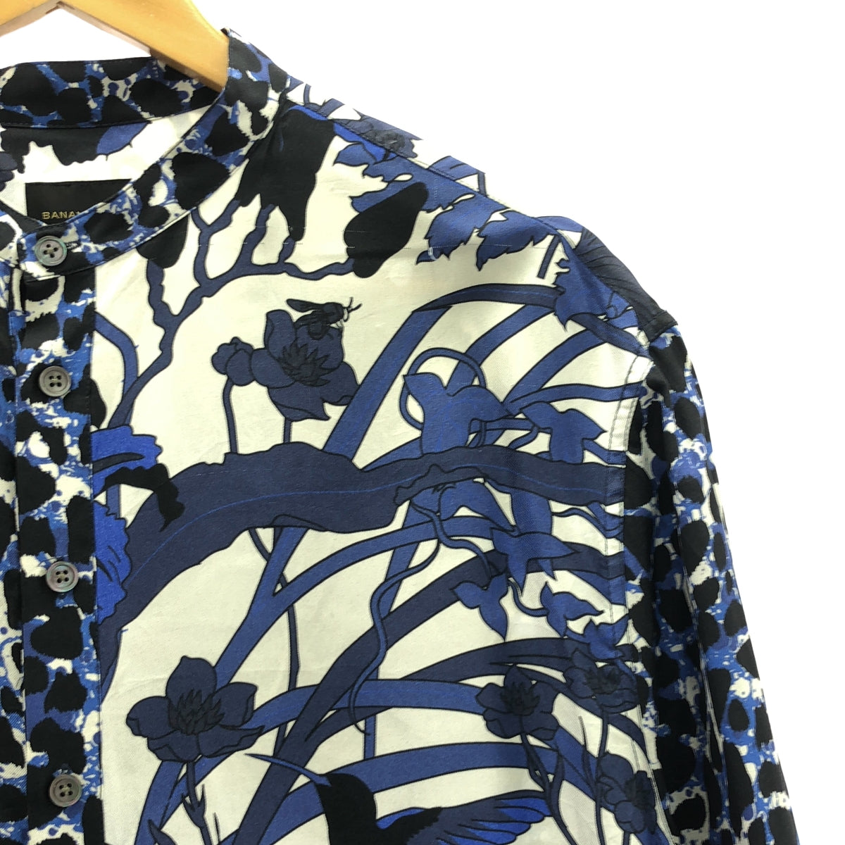 【美品】  BANANATIME / バナナタイム | silk 100％ / シルク 総柄 バンドカラー ドレス ワンピース | XS | ホワイト/ブルー | レディース