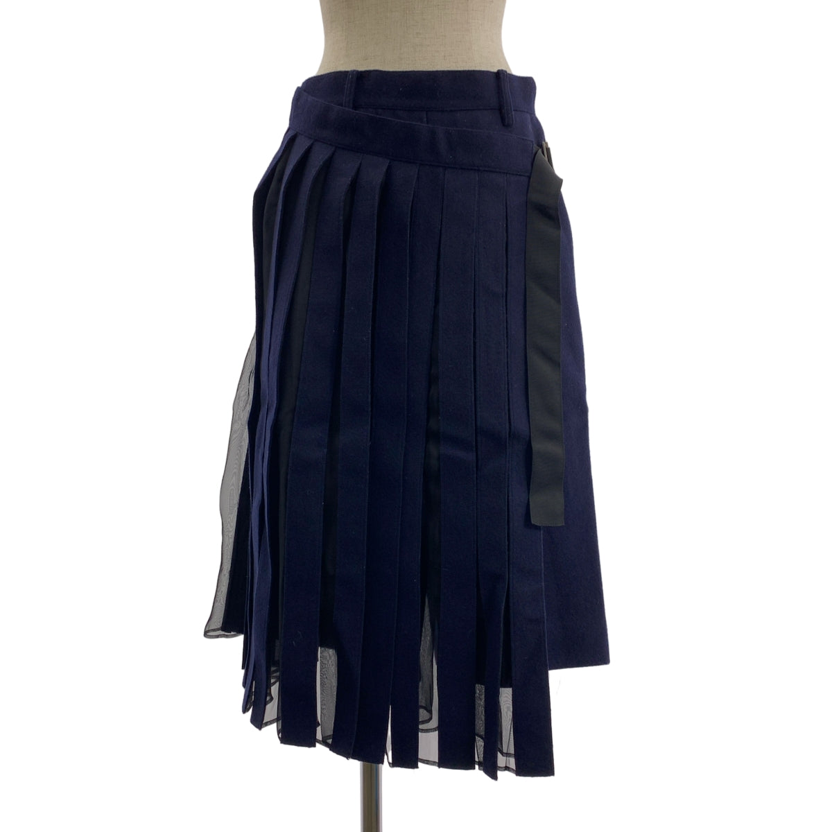 sacai/サカイ、切り替えラップフレアスカート、ネイビー、ウール、２サイズ sacai / サカイ | ウール シアー切替 プリーツ ラップ スカート | 2
