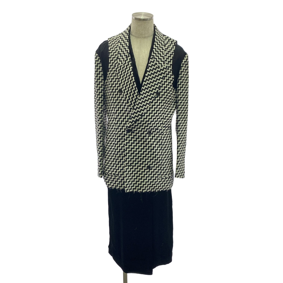 【미품】 COMME des GARCONS HOMME PLUS 2019AW | 기하학 무늬 모직 베스트 레이어드 벨벳 코트 | M | 블랙 / 화이트 | 남성